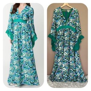 {Unique Vintage} Psychedelic Floral Maxi Dress with Bell Sleeves - Womens XL